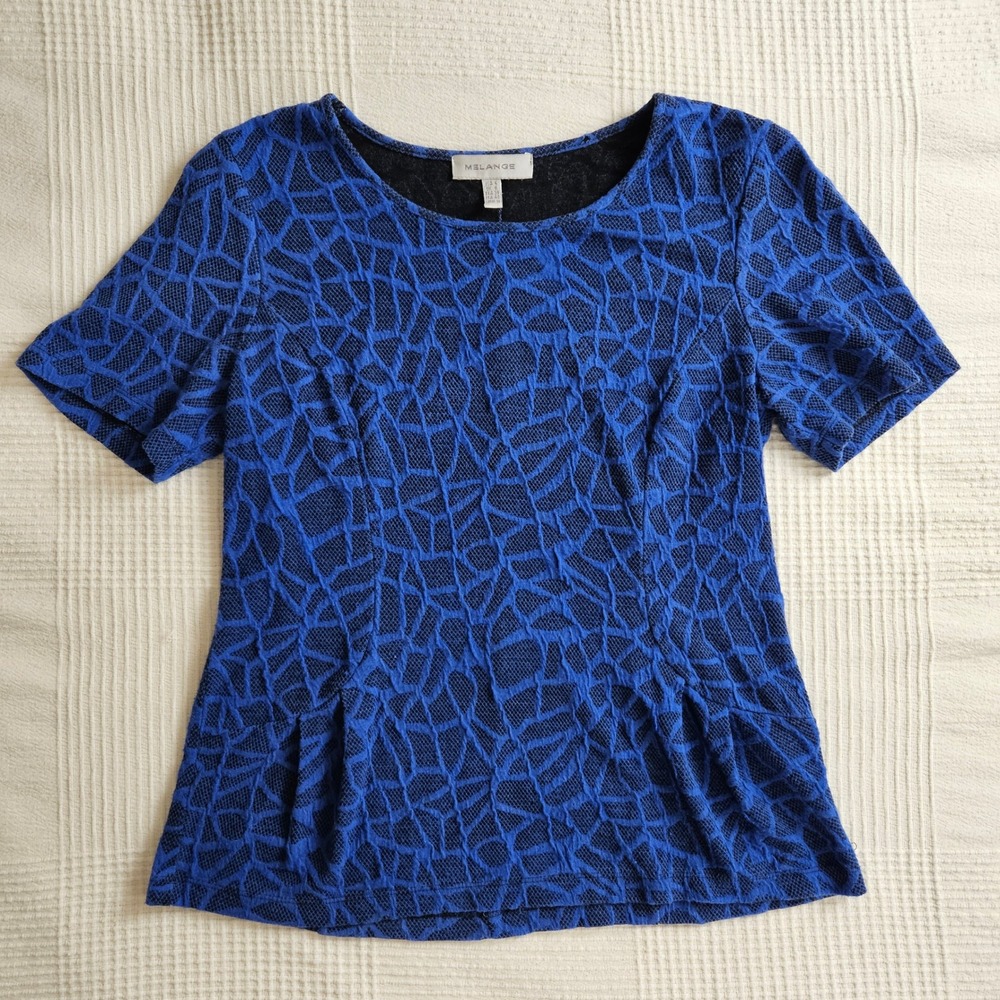Melange Blue Textured Geometric Print Peplum Top T Shirt Short Sleeve Women 6